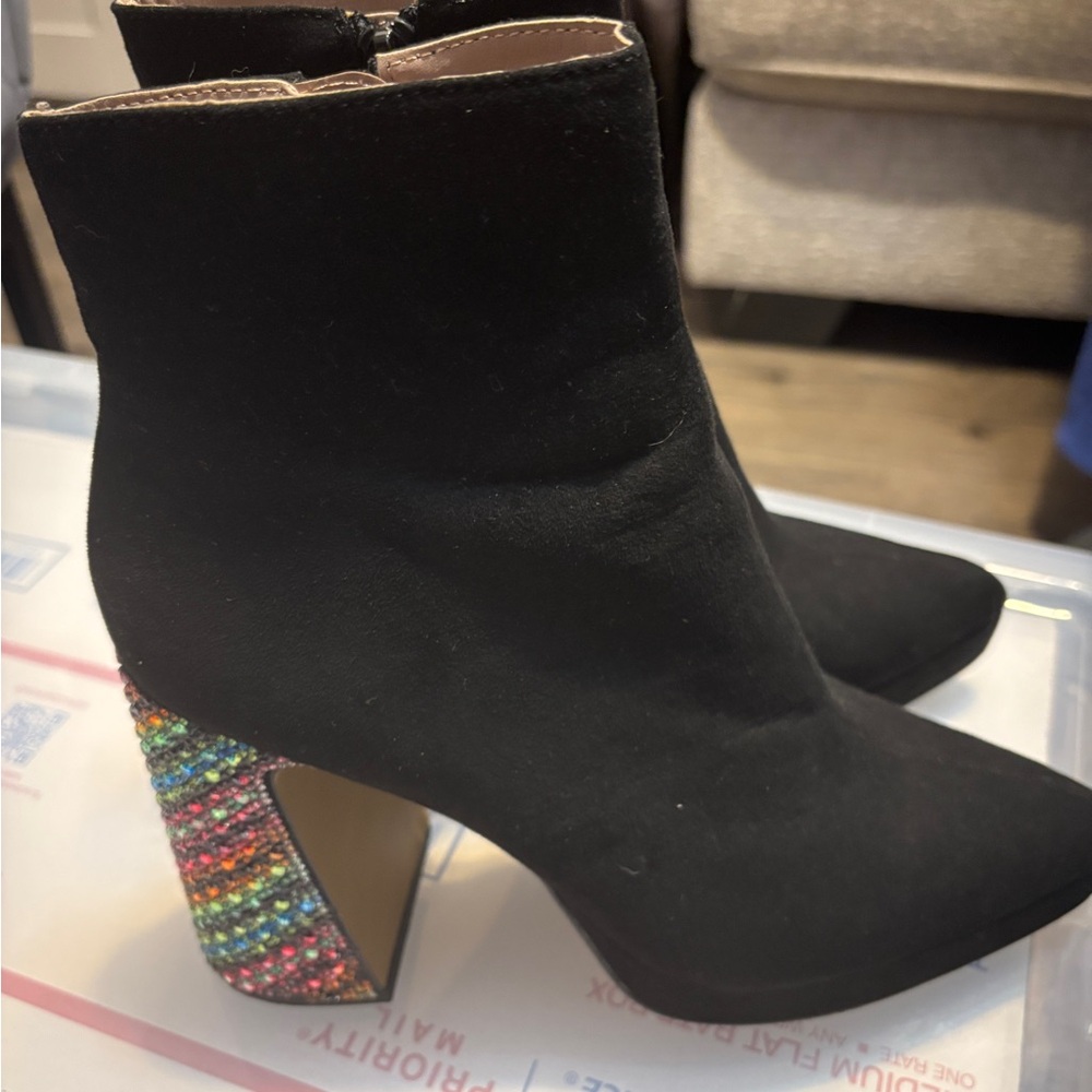 Black Womens Ankle Boots with Multicolor Embellished Heel